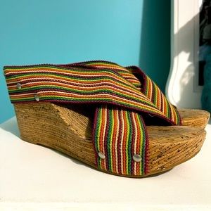 Lucky Brand Miller Multicolor Striped Platform Cork Wedges | Size 8.5
